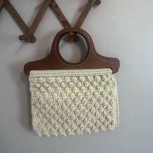 Vintage Macrame Lined Cable Knit Purse Boho Wood Handle Oatmeal Lined Homemade